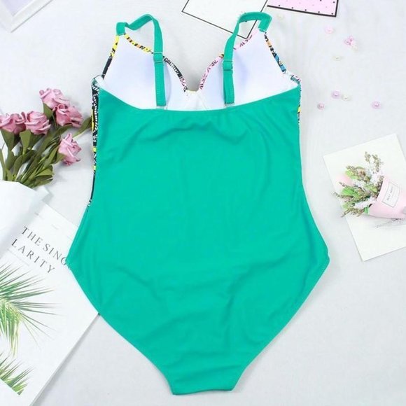 Sexy One Piece Swimsuit Closed Push Up Womens Floral TEAL Vintage Style Body NEW - Picture 3 of 5